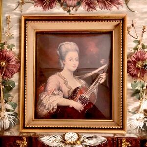 Vtg Miniature Portrait Lady with Guitar La Dame a la Guitare Charles A P Van Loo